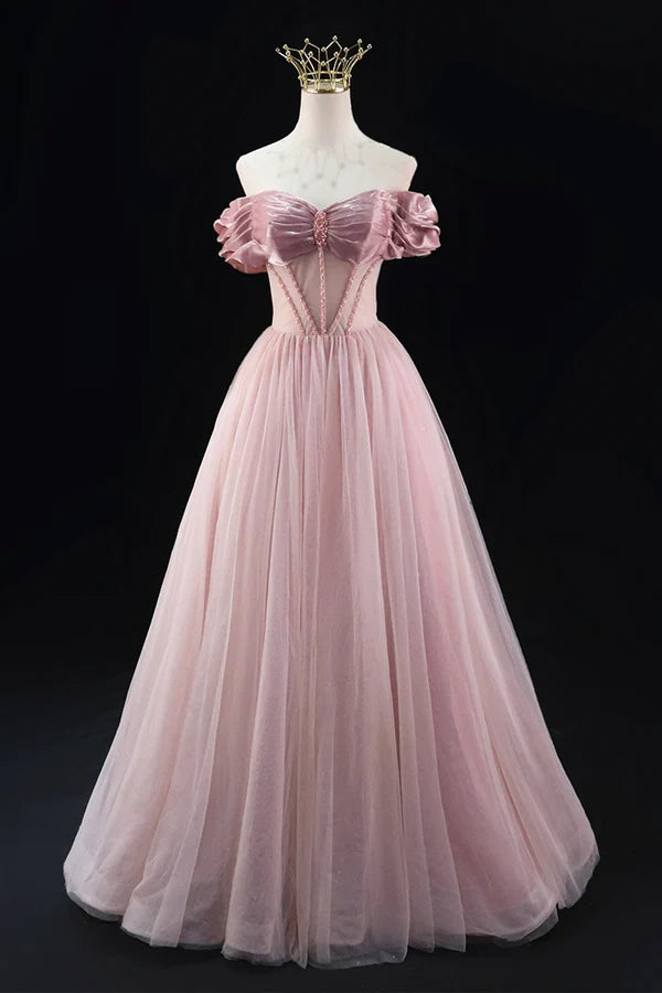 Wholesale Off the Shoulder Sweetheart Beaded Tulle Long Prom Dress A-Line Pink Evening Dress