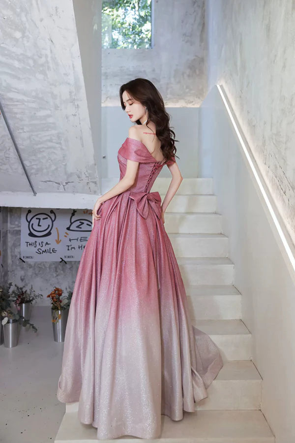Wholesale Beautiful Gradient Floor Length A-Line Prom Dress Off the Shoulder Evening Party Dress