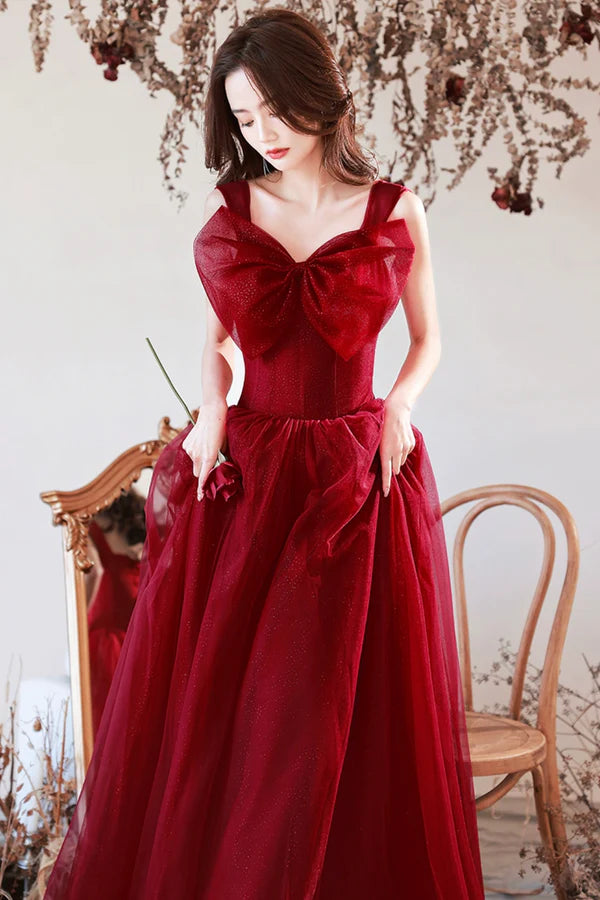 Wholesale Burgundy Tulle Long A-Line Prom Dress with Bow Burgundy Evening Graduation Dress