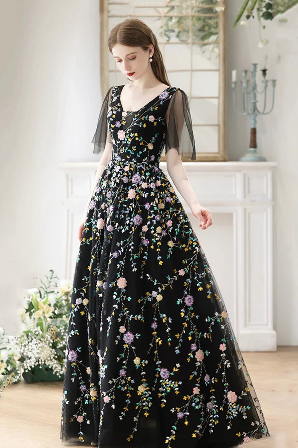 Wholesale Black V-Neck Tulle Sequins Long Prom Dress Black A-Line Formal Evening Dress