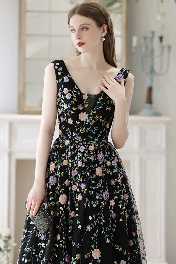 Wholesale Black V-Neck Tulle Sequins Long Prom Dress Black A-Line Formal Evening Dress