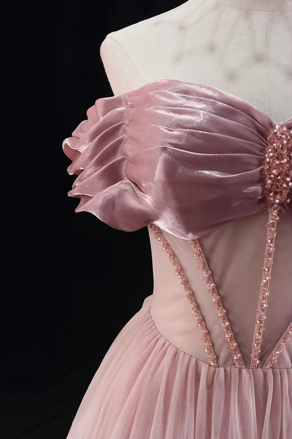 Wholesale Off the Shoulder Sweetheart Beaded Tulle Long Prom Dress A-Line Pink Evening Dress