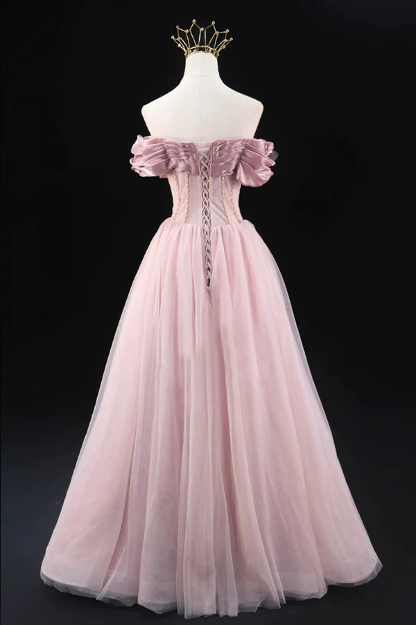 Wholesale Off the Shoulder Sweetheart Beaded Tulle Long Prom Dress A-Line Pink Evening Dress