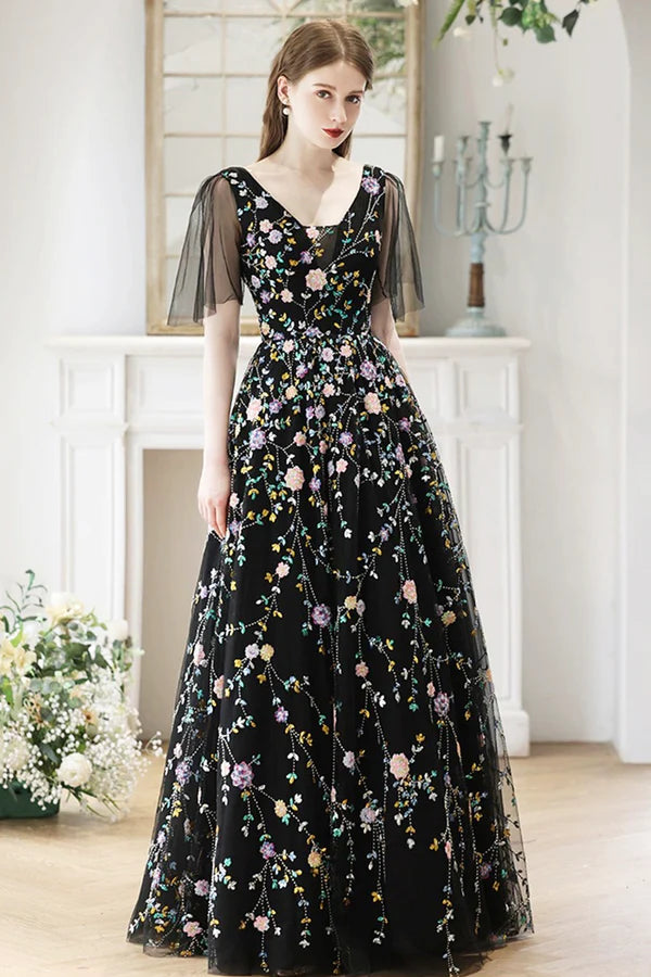Wholesale Black V-Neck Tulle Sequins Long Prom Dress Black A-Line Formal Evening Dress