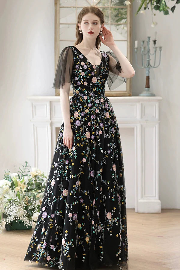 Wholesale Black V-Neck Tulle Sequins Long Prom Dress Black A-Line Formal Evening Dress