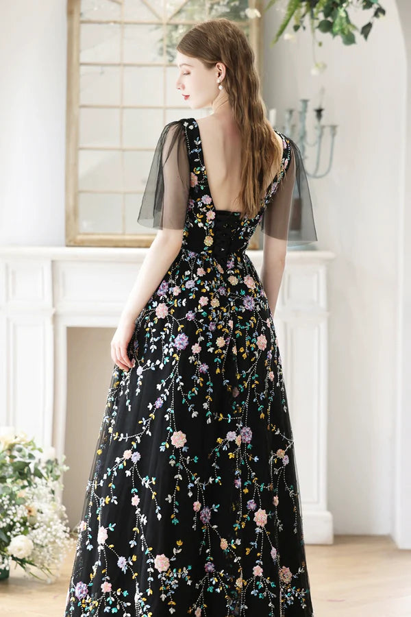 Wholesale Black V-Neck Tulle Sequins Long Prom Dress Black A-Line Formal Evening Dress