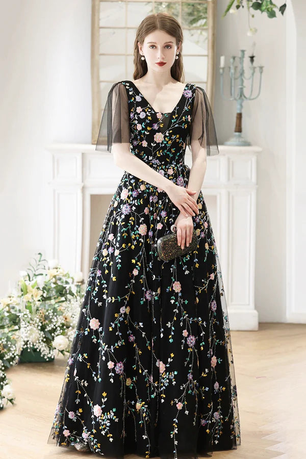 Wholesale Black V-Neck Tulle Sequins Long Prom Dress Black A-Line Formal Evening Dress