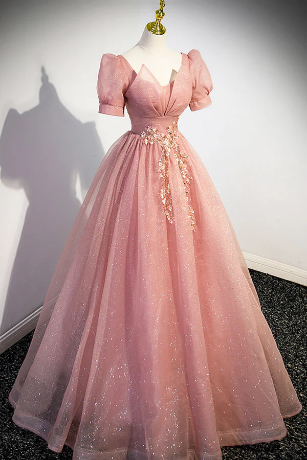 Wholesale Beautiful Pink Tulle Floor Length Prom Dress Cute Short Sleeve Evening Dress
