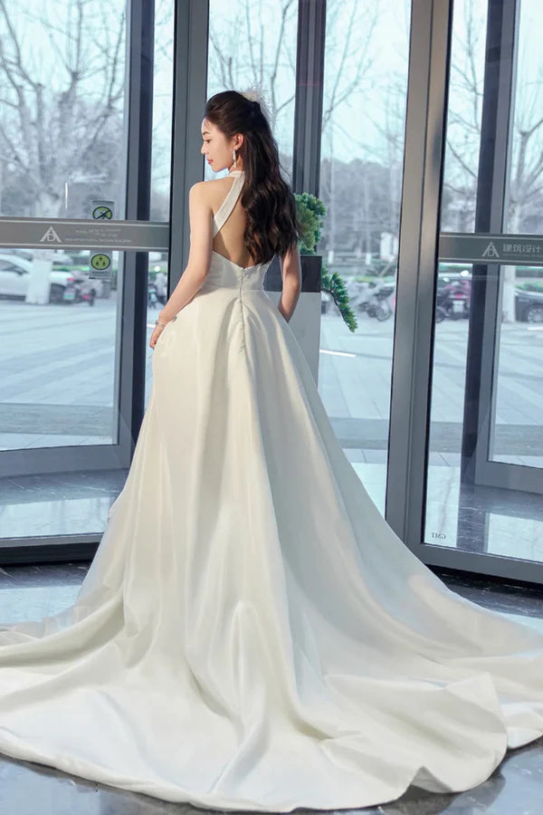 Wholesale White Satin Long Prom Dress with Slit Elegant A-Line Backless Evening Party Dress
