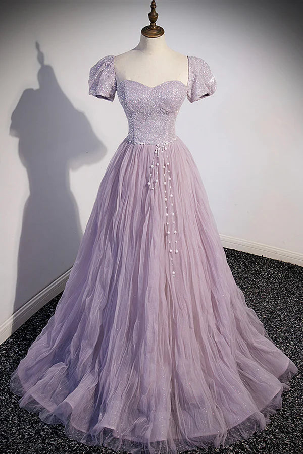 Wholesale Purple Tulle Long A-Line Prom Dress Purple Short Sleeve Evening Party Dress