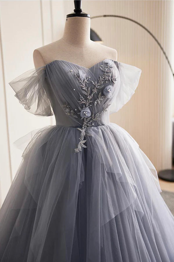 Wholesale Gray Tulle Long Prom Dress Off Shoulder Evening Dress Party Dress