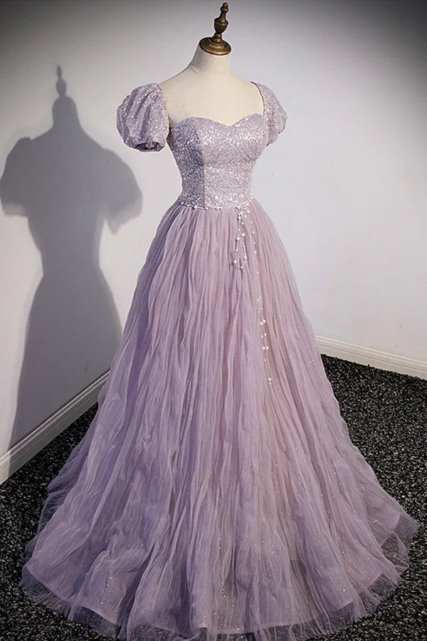 Wholesale Purple Tulle Long A-Line Prom Dress Purple Short Sleeve Evening Party Dress