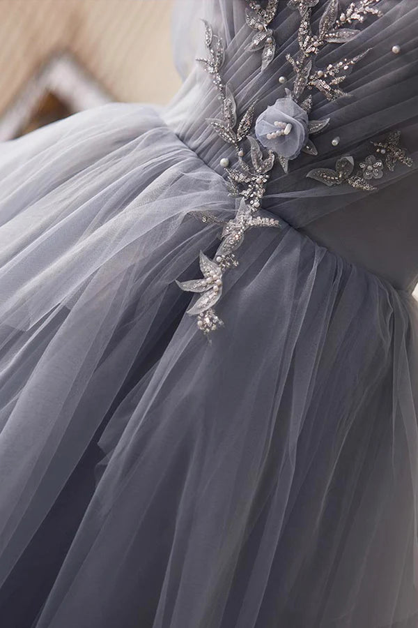 Wholesale Gray Tulle Long Prom Dress Off Shoulder Evening Dress Party Dress