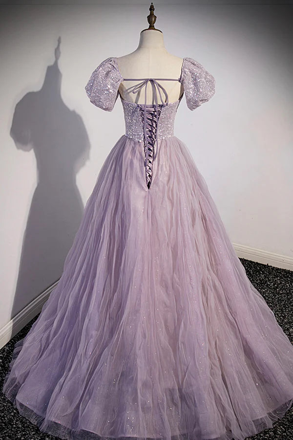 Wholesale Purple Tulle Long A-Line Prom Dress Purple Short Sleeve Evening Party Dress