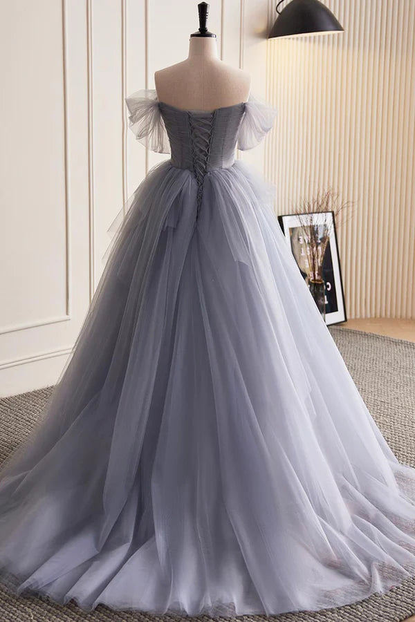 Wholesale Gray Tulle Long Prom Dress Off Shoulder Evening Dress Party Dress