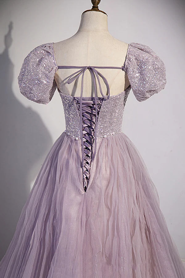 Wholesale Purple Tulle Long A-Line Prom Dress Purple Short Sleeve Evening Party Dress