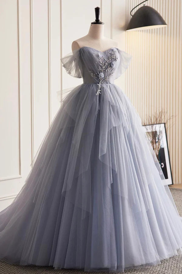 Wholesale Gray Tulle Long Prom Dress Off Shoulder Evening Dress Party Dress
