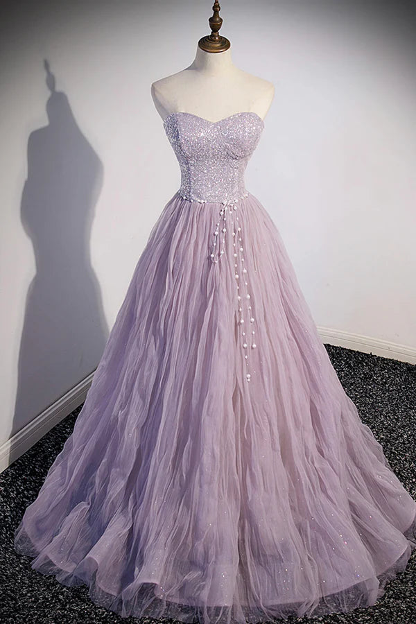 Wholesale Purple Tulle Long A-Line Prom Dress Purple Short Sleeve Evening Party Dress
