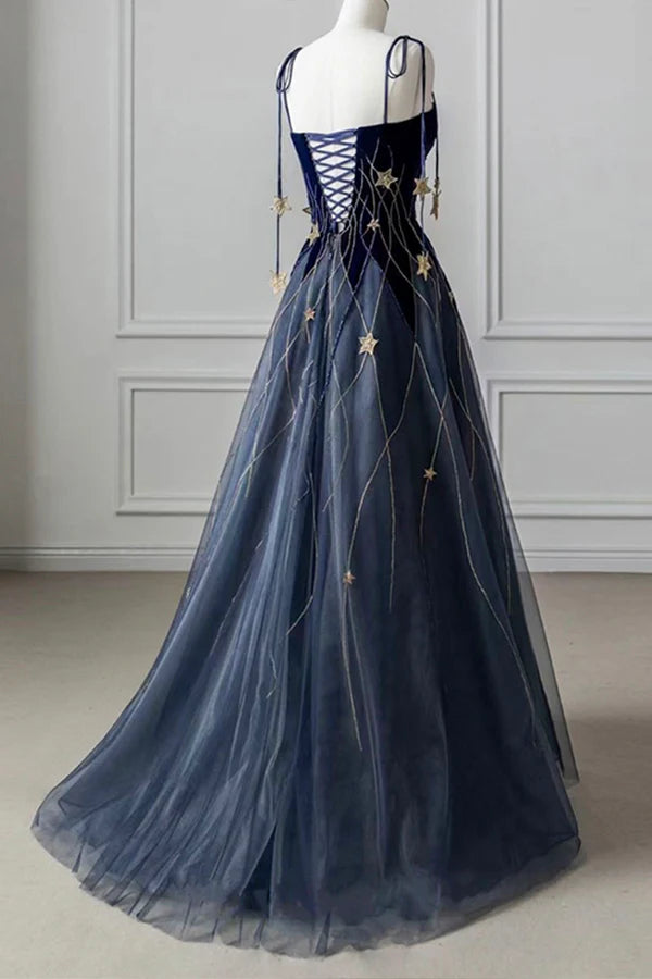 Wholesale Blue Spaghetti Strap Long Prom Dress with Star Blue Evening Party Dress