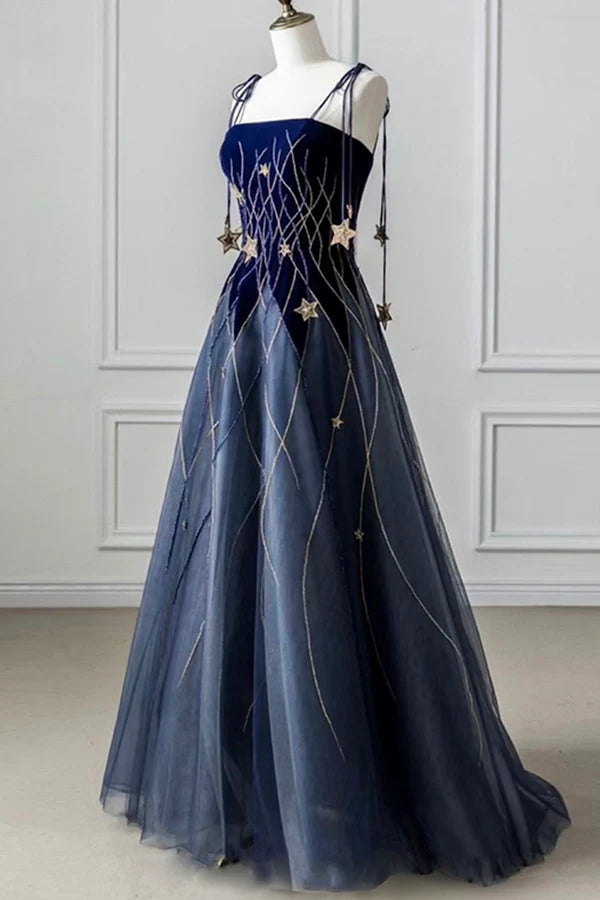 Wholesale Blue Spaghetti Strap Long Prom Dress with Star Blue Evening Party Dress