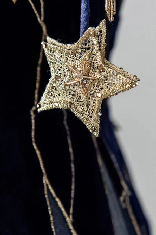 Wholesale Blue Spaghetti Strap Long Prom Dress with Star Blue Evening Party Dress