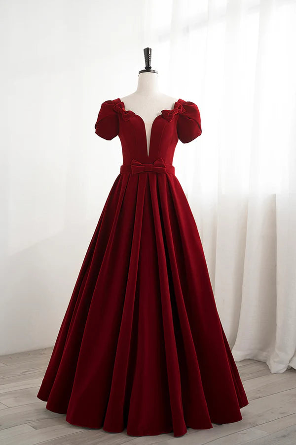 Wholesale Burgundy Velvet Velvet Long Prom Dress Cute Short Sleeve Party Dress