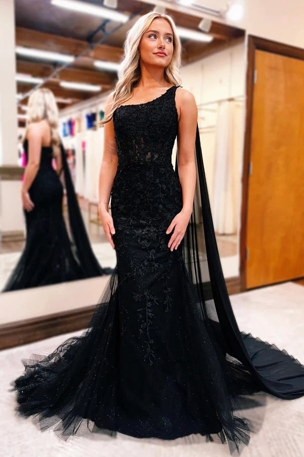 Wholesale Black One Shoulder Lace Long Prom Dress Mermaid Tulle Evening Party Dress