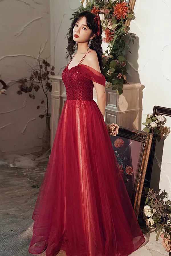 Wholesale Burgundy Tulle Beaded Long Prom Dress Beautiful Spaghetti Strap Evening Party Dress
