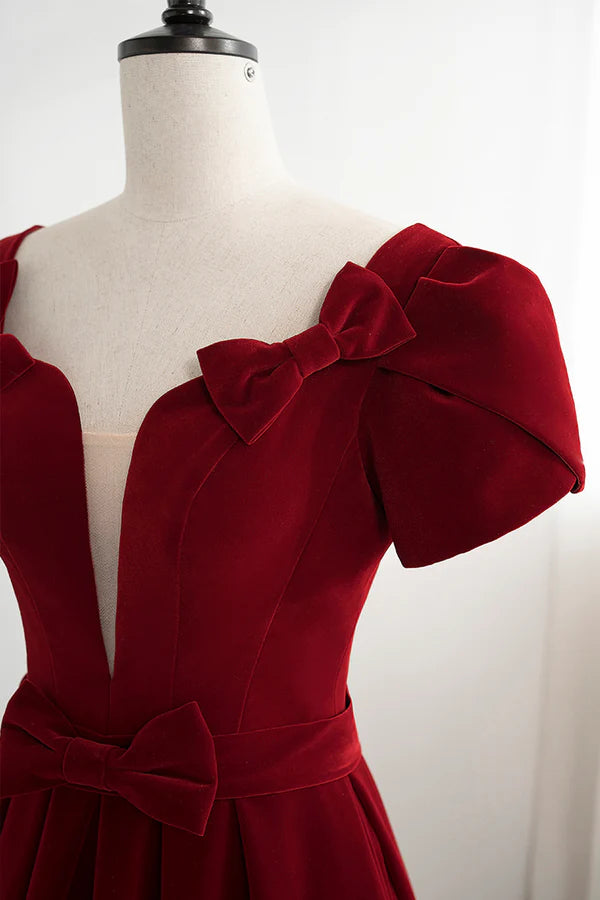 Wholesale Burgundy Velvet Velvet Long Prom Dress Cute Short Sleeve Party Dress