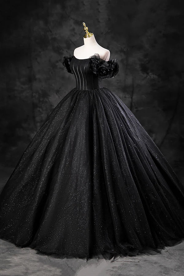 Wholesale Black Tulle Floor Length A-Line Prom Dress Off the Shoulder Evening Party Dress