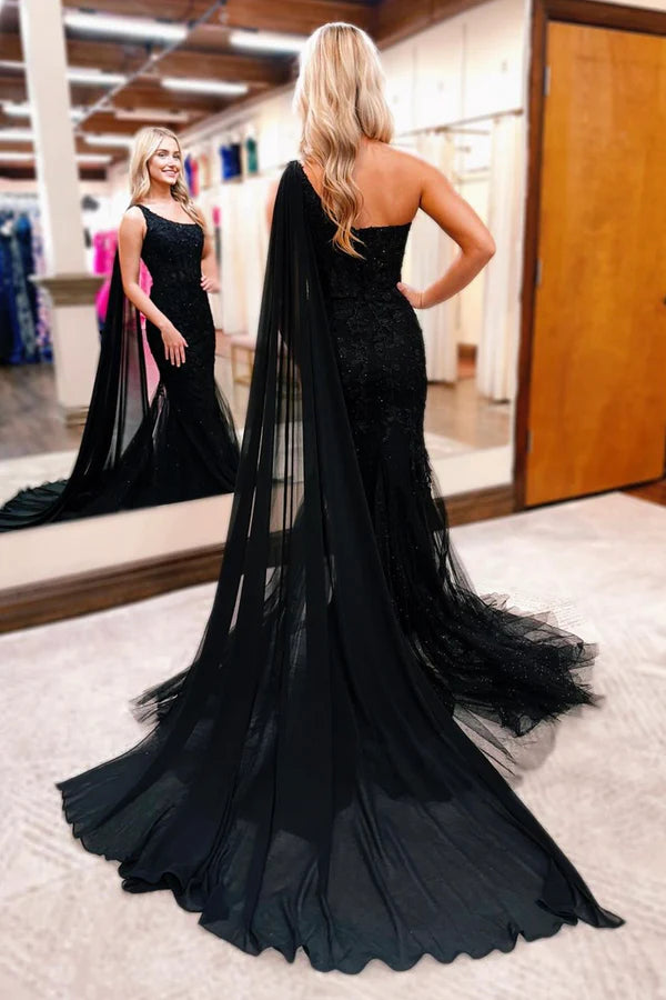 Wholesale Black One Shoulder Lace Long Prom Dress Mermaid Tulle Evening Party Dress