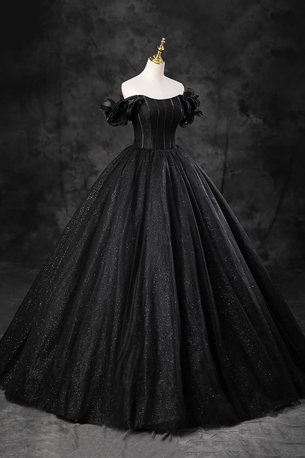 Wholesale Black Tulle Floor Length A-Line Prom Dress Off the Shoulder Evening Party Dress
