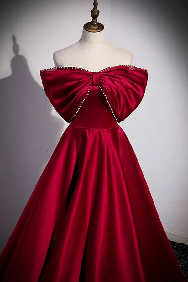 Wholesale Burgundy Satin Floor Length Prom Dress A-Line Off the Shoulder Evening Party Dress