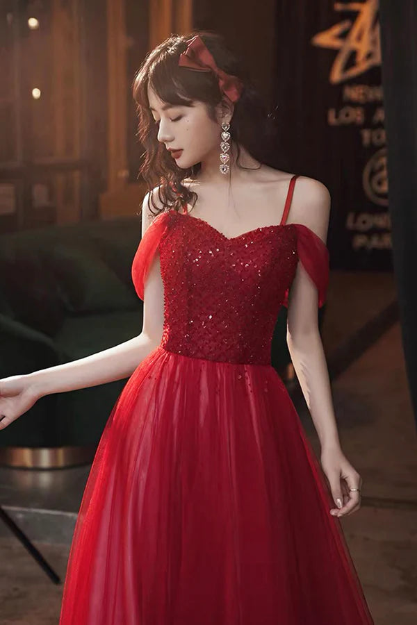 Wholesale Burgundy Tulle Beaded Long Prom Dress Beautiful Spaghetti Strap Evening Party Dress