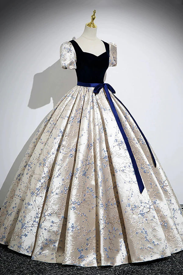 Wholesale Blue Velvet Floor-Length Printing Prom Dresses A-Line Short Sleeve Evening Formal Dresses