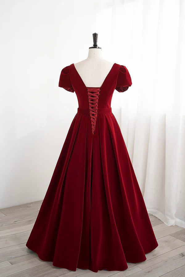 Wholesale Burgundy Velvet Velvet Long Prom Dress Cute Short Sleeve Party Dress
