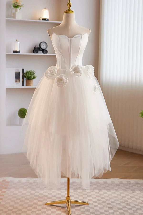 Wholesale Unique White Strapless Irregular Tulle Short Prom Dress White Party Dress