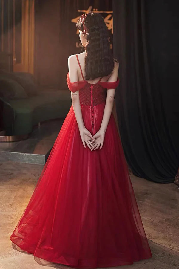 Wholesale Burgundy Tulle Beaded Long Prom Dress Beautiful Spaghetti Strap Evening Party Dress