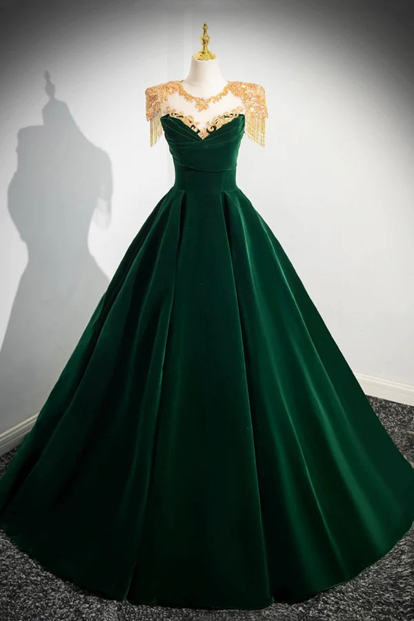 Wholesale Green Velvet Beaded Long Prom Dress A-line Beautiful Evening Party Dress