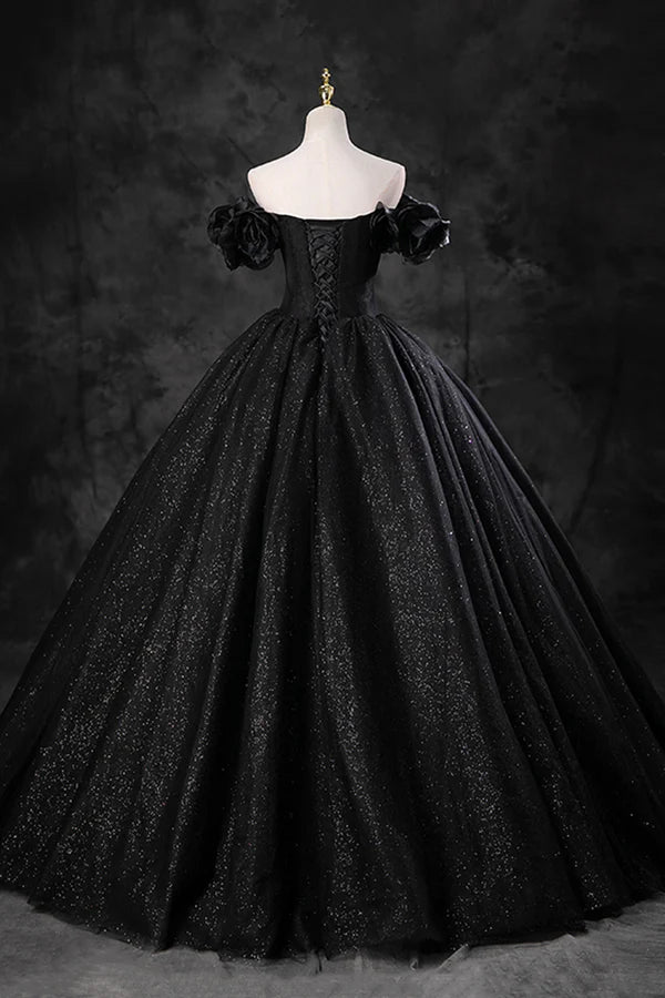 Wholesale Black Tulle Floor Length A-Line Prom Dress Off the Shoulder Evening Party Dress