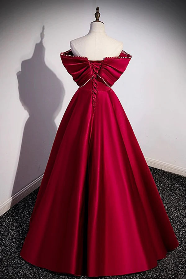 Wholesale Burgundy Satin Floor Length Prom Dress A-Line Off the Shoulder Evening Party Dress