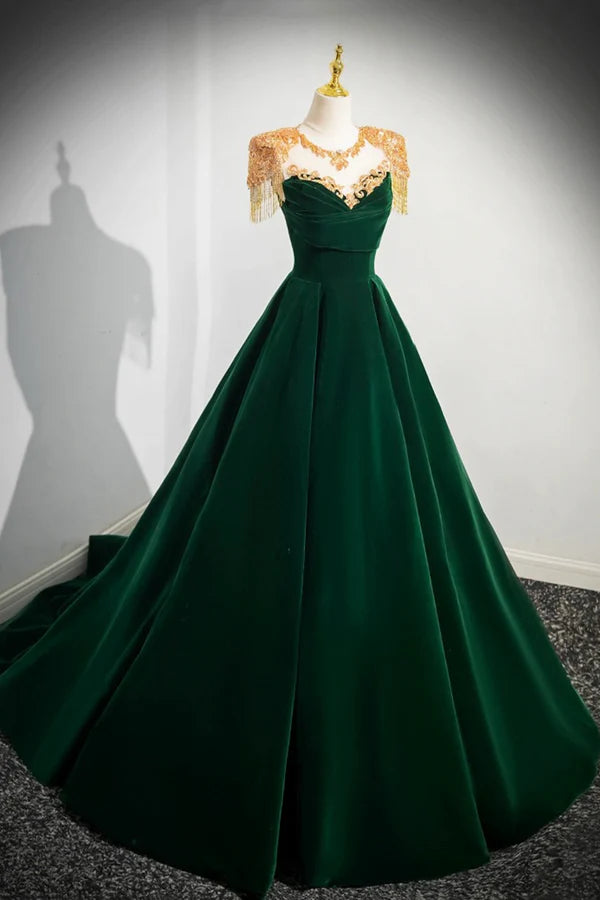 Wholesale Green Velvet Beaded Long Prom Dress A-line Beautiful Evening Party Dress