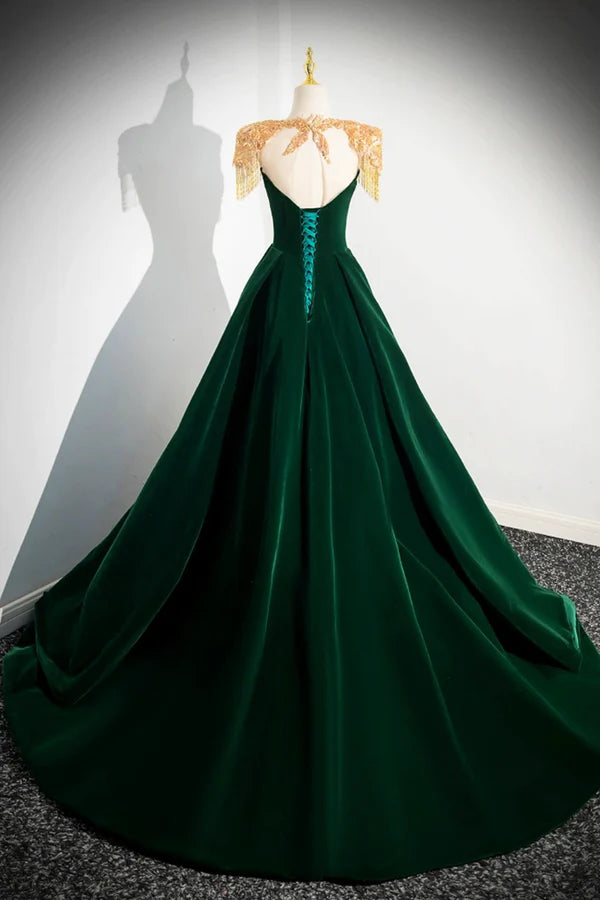 Wholesale Green Velvet Beaded Long Prom Dress A-line Beautiful Evening Party Dress
