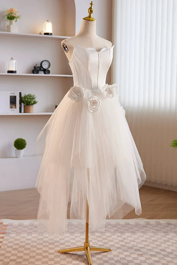 Wholesale Unique White Strapless Irregular Tulle Short Prom Dress White Party Dress
