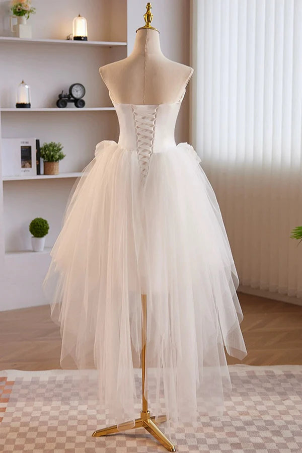 Wholesale Unique White Strapless Irregular Tulle Short Prom Dress White Party Dress