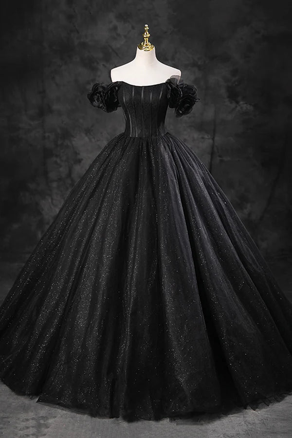 Wholesale Black Tulle Floor Length A-Line Prom Dress Off the Shoulder Evening Party Dress