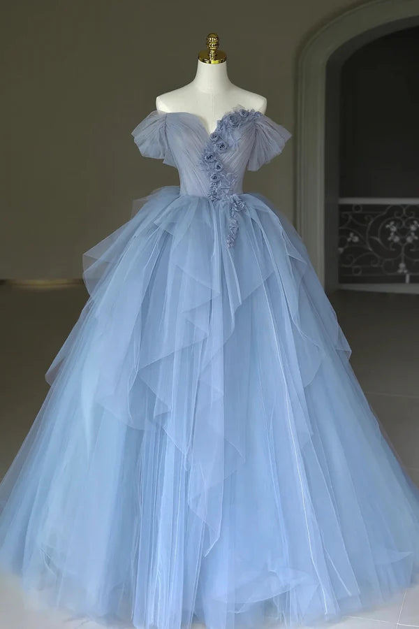Wholesale Blue Tulle Floor Length Prom Dress Off the Shoulder Evening Dress with 3D Flowers