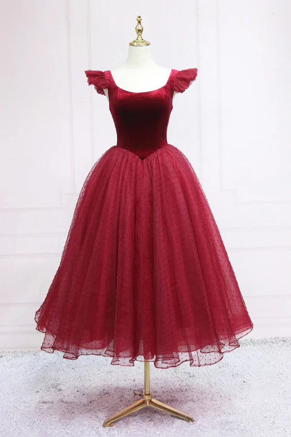 Wholesale Burgundy Velvet Tulle Tea Length Prom Dress Cute A-Line Party Dress