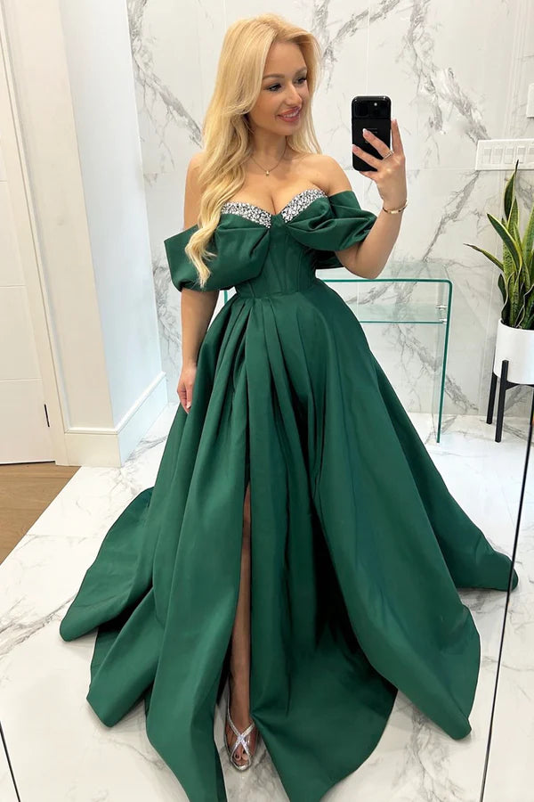 Wholesale Green Satin Beaded Long Off the Shoulder Prom Dress A-Line Evening Dress with Slit