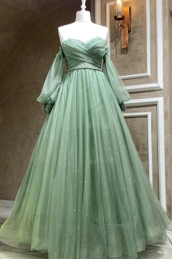 Wholesale Green Strapless Tulle Long Sleeve Prom Dress Green A-Line Evening Party Dress